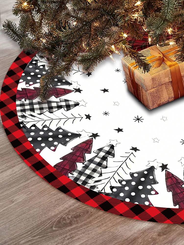 Red & Black Plaid Christmas Tree Skirt, Snowflake Pattern Round Tree Mat, Soft Decorative Base Cover for Living Room & Winter Holiday Home Decor