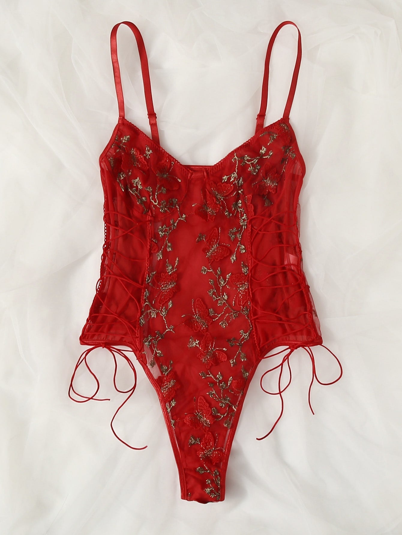 Butterfly Embroidered Mesh Teddy Bodysuit Lingerie