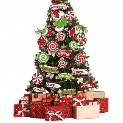 21pcs Grinch Green Paper Hanging Christmas Ornaments, Fun Tree and Room Decorations, Party Supplies for New Year and Festive Holiday Atmosphere
