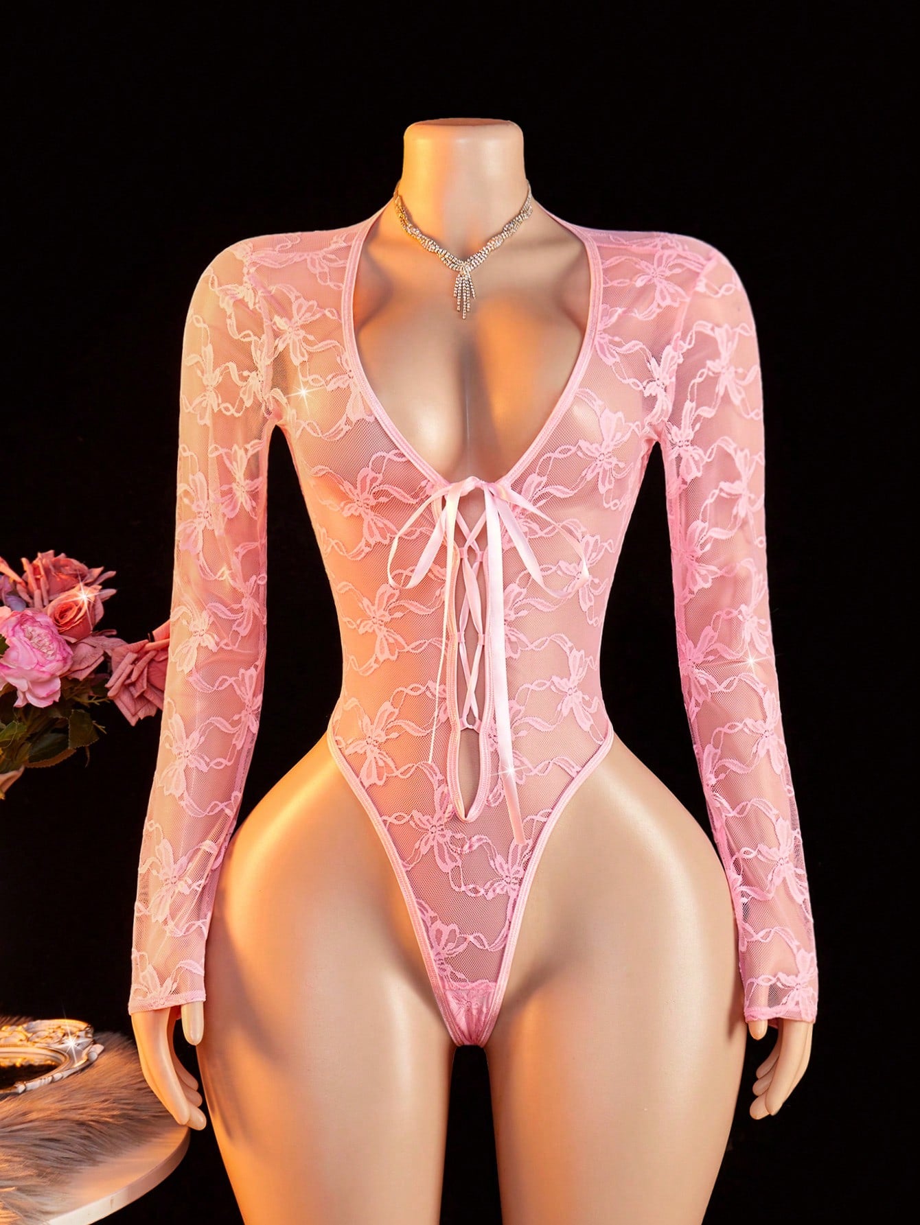 Long Sleeve Floral Print Front-Tie Low Neck Mesh Bodysuit Jumpsuit