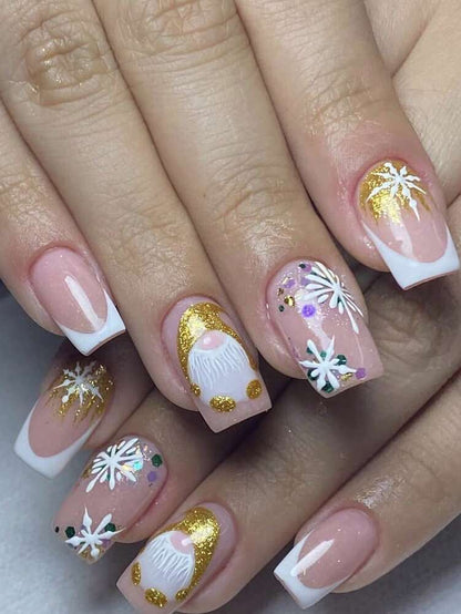 24pcs Short Square Champagne Glitter Christmas Press On Nails, Snowflake Full Cover Holiday False Nails For Women Nail Art Supplies