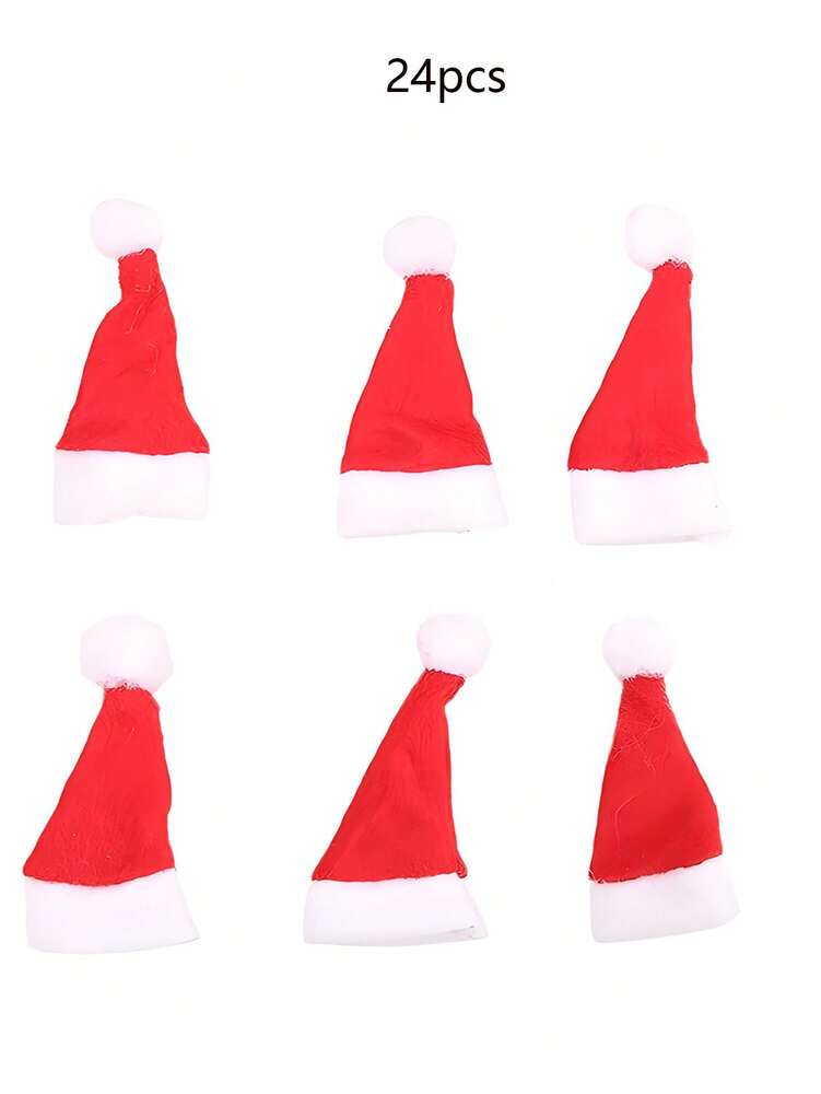 24pcs Mini Santa Hats, Red and White Pom-Pom Table Accessories for Christmas Dining, Wine Bottles, and Party Decorations