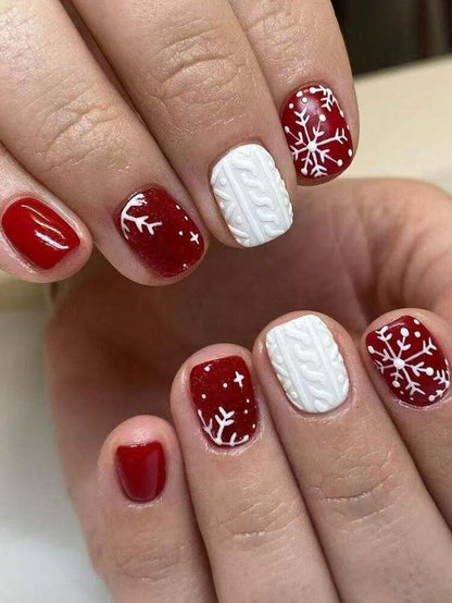 24pcs Short Square Christmas Press On Nails, Cute Snowman And Red Glitter French Tips, Jelly Gel & File Included, Holiday Nail Set For Women