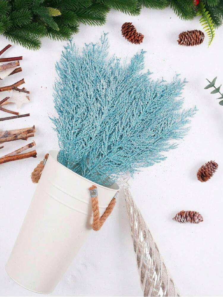 20pcs Glitter Cedar Pine Needles with Sequins, Artificial Blue and Pink Leaves for DIY Garlands, Wedding Bouquets, and Winter Holiday Home Decor