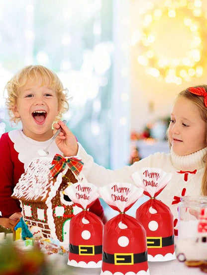50pcs Christmas Cellophane Treat Bags with Twist Ties, Transparent Santa Claus Candy & Cookie Packaging Bags for Bakeries, Popcorn & Holiday Treats