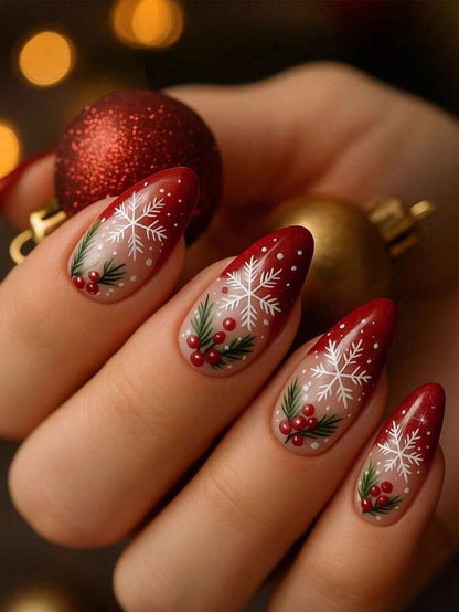 24pcs Almond Christmas Press On Nails, Red Santa Hat Short False Nails, Holiday Nail Set For Women, Office, Date, Party & Everyday Wear