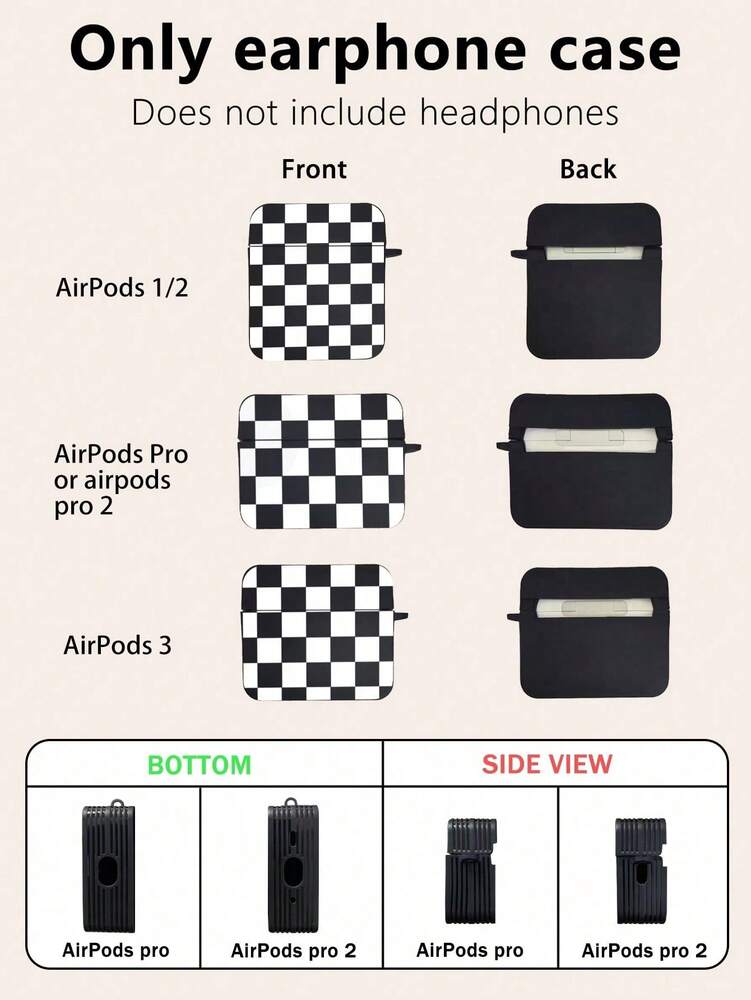 Checkerboard AirPods Case, Black Retro Check Cover with Metal Hook, Compatible with AirPods 1/2/3/Pro/Pro 2, Protective Stylish Design