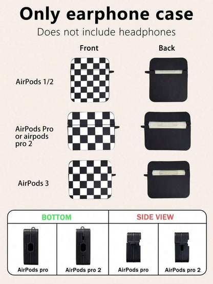 Checkerboard AirPods Case, Black Retro Check Cover with Metal Hook, Compatible with AirPods 1/2/3/Pro/Pro 2, Protective Stylish Design