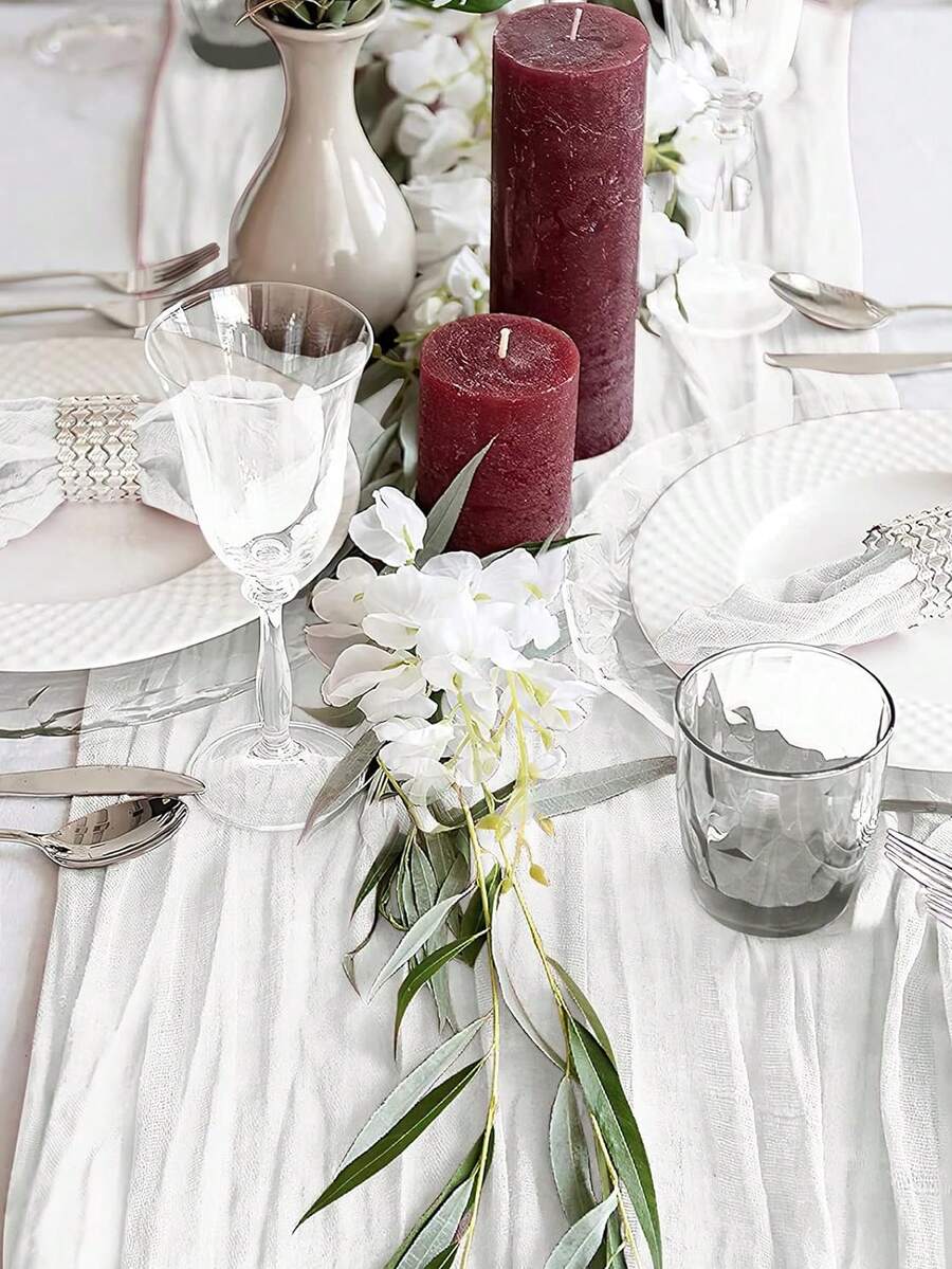 Wrinkled Cheesecloth Table Runner for Weddings and Holidays, Elegant Table Centerpiece Cloth for Christmas Dining, Birthdays, and Romantic Events