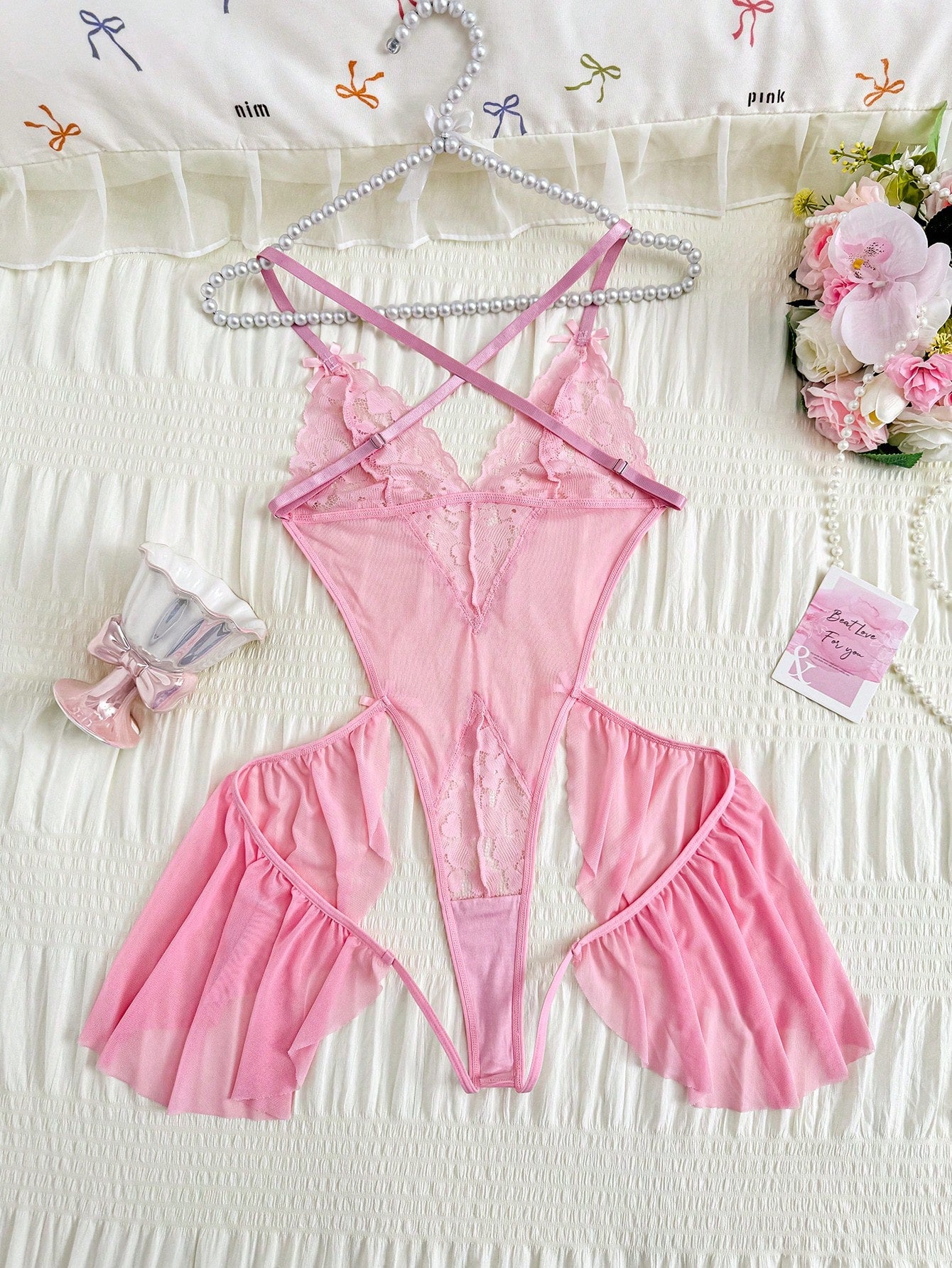 Sexy Lace Patchwork Mesh Backless Romper With Bow Decor, Feminine & Charming