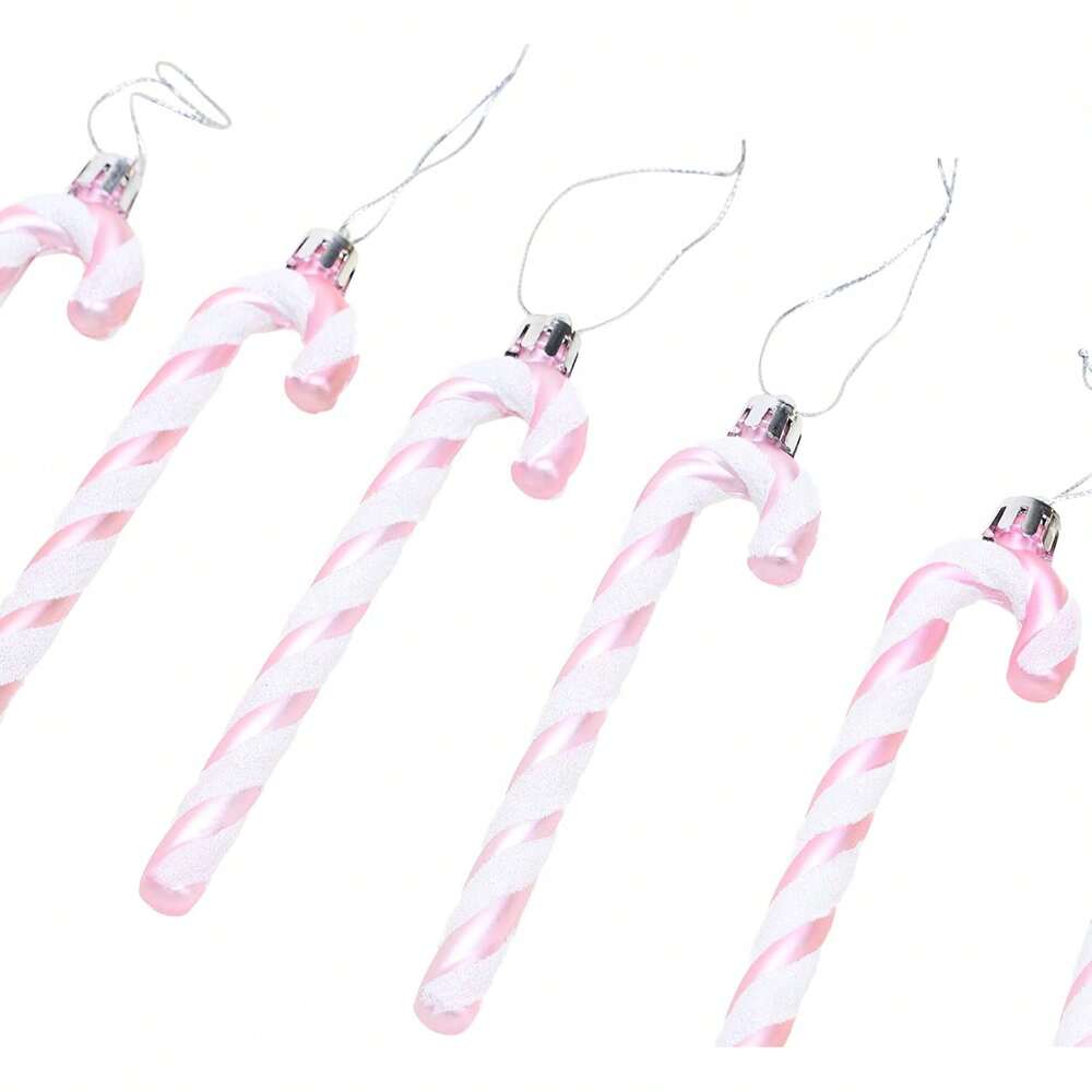 12pcs Pink Glitter Candy Cane Christmas Ornaments, 5.5" Plastic Hanging Decorations for Christmas Trees & Holiday Displays