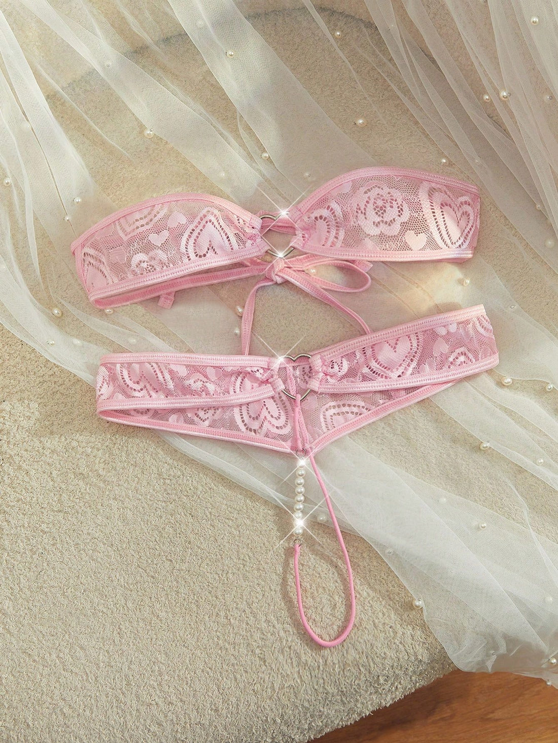 Women's Fashion Sheer Heart Detail Bandeau Sexy Lingerie Set Lace Lingerie