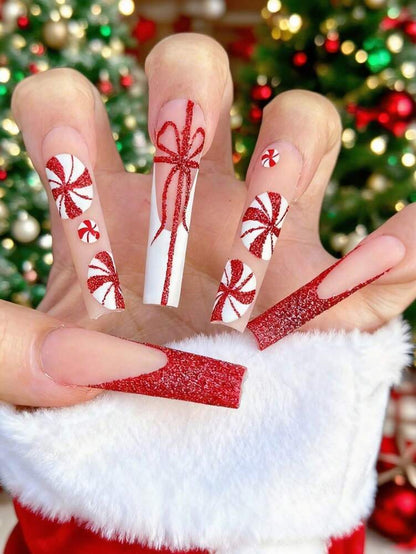 24pcs Long Coffin Christmas Press On Nails, White Elk And Snowflake Design With Gold Glitter, Elegant Glossy Nail Set For Women Daily Use