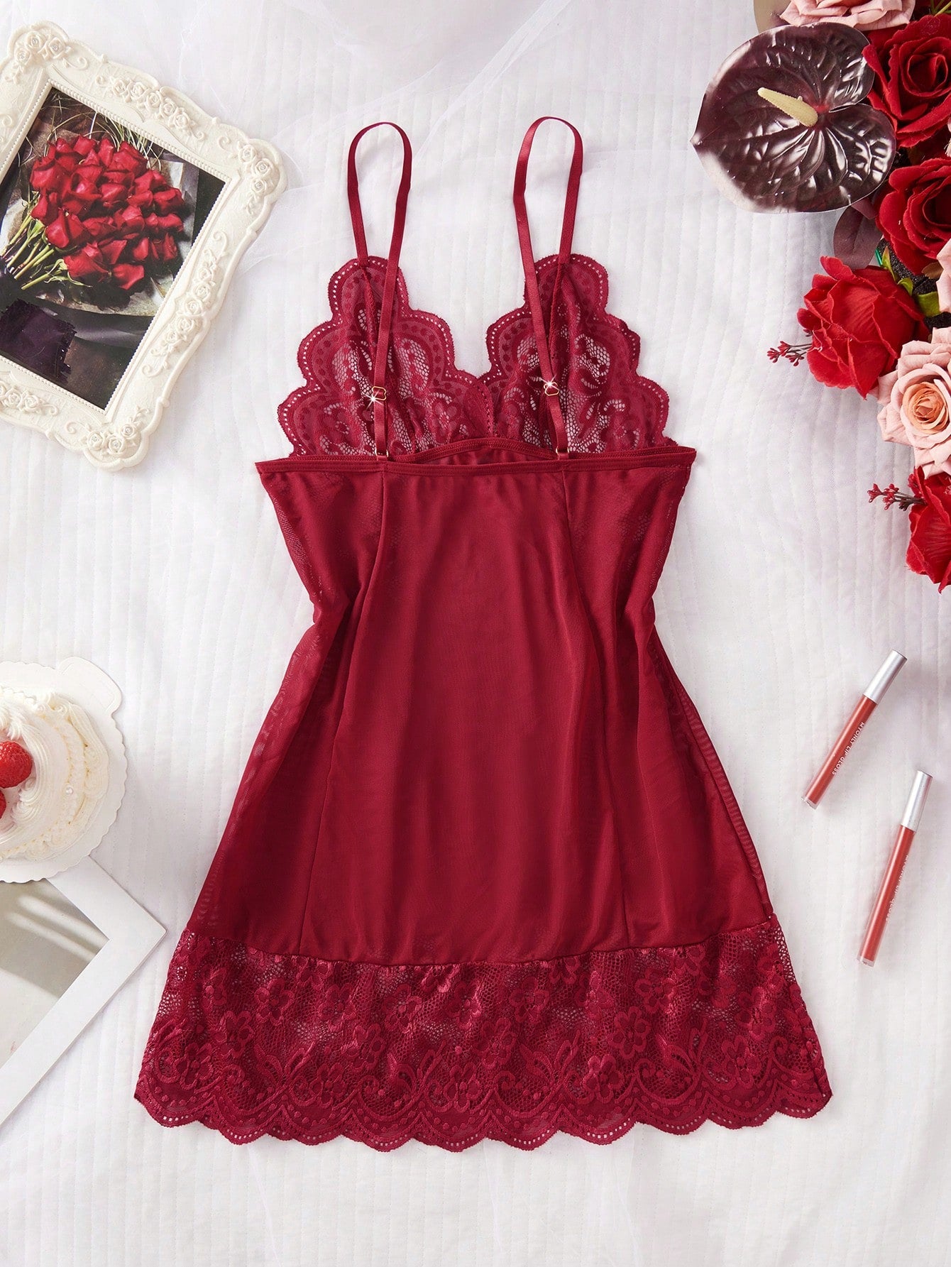 Adjustable Spaghetti Strap Lace Patchwork Deep V Nightgown Mini Dress