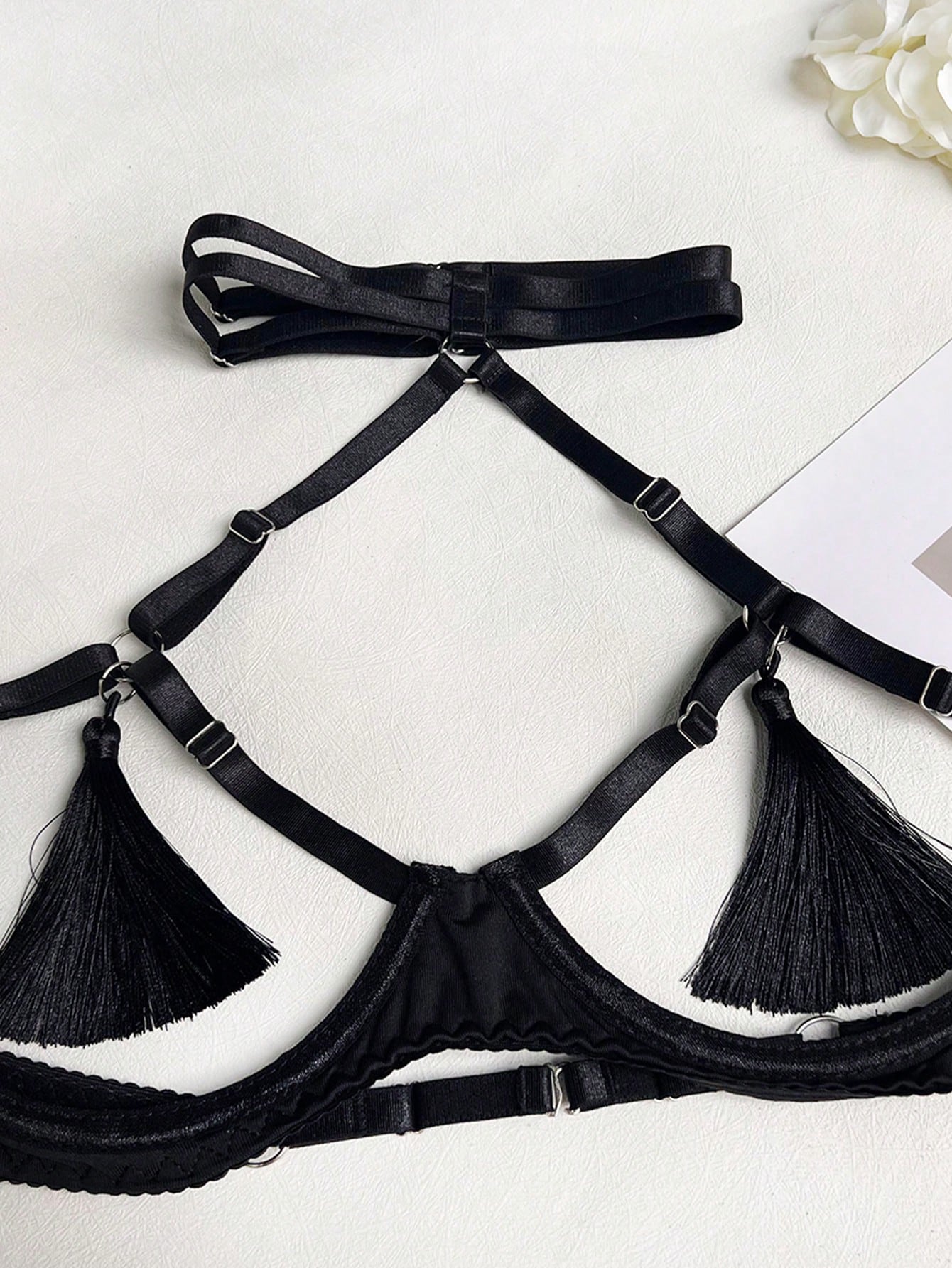 Fringe Satin Exposed Bust Sexy Open Collar Lingerie Set (Excluding Gloves), For Going Out Celebration