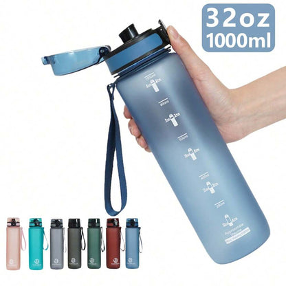 34oz Sports Water Bottle with Time Marker & Carry Strap, Leak-Proof Large Capacity Reusable Bottle for Gym, School, Biking & Outdoor Fitness (1pc)