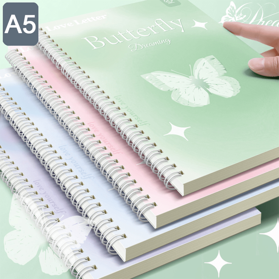4pcs A5 Spiral Notebooks Set, 120 Pages Each, Butterfly and Love Letter Design, Elegant Lined Journals for School or Office Supplies
