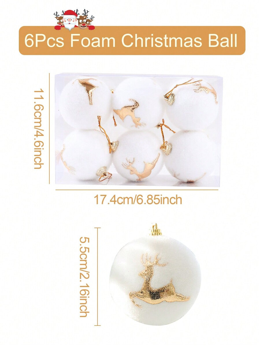 6pcs Christmas Snowball Hanging Ornaments, White and Gold Snowflake Design, Soft Foam Baubles for Christmas Trees, Parties, and Winter Fireplace Decor