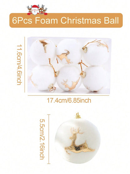 6pcs Christmas Snowball Hanging Ornaments, White and Gold Snowflake Design, Soft Foam Baubles for Christmas Trees, Parties, and Winter Fireplace Decor