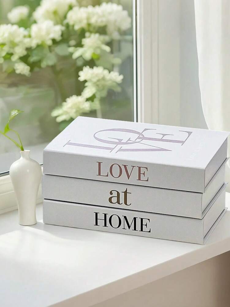 3pcs LOVE AT HOME Decorative Books Set, Stylish Faux Book Ornaments for Coffee Table, Shelf or Office Decor, Creative Living Room Display Props