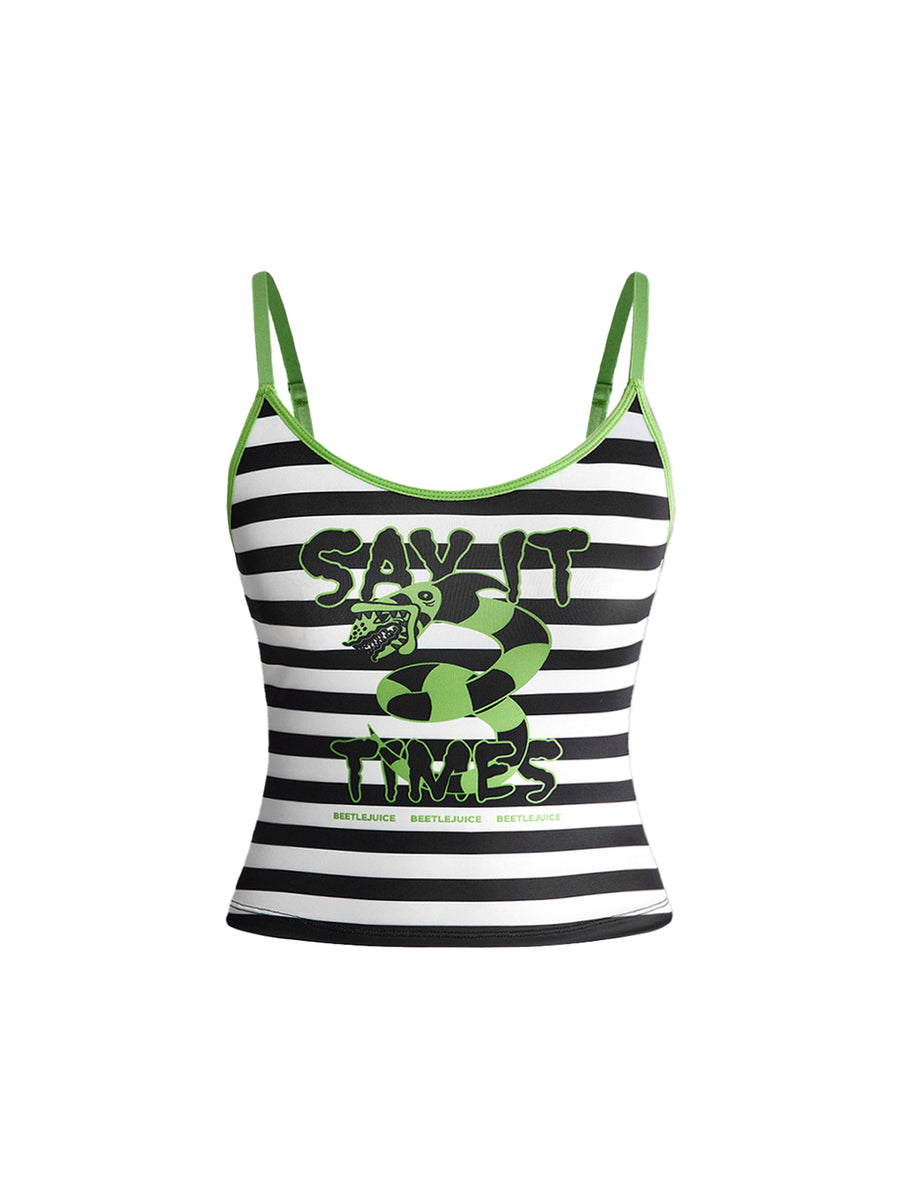 Black 2-piece goth lingerie set featuring a wireless graphic crop camisole bra with adjustable straps and contrast binding paired with a matching mid-rise thong.