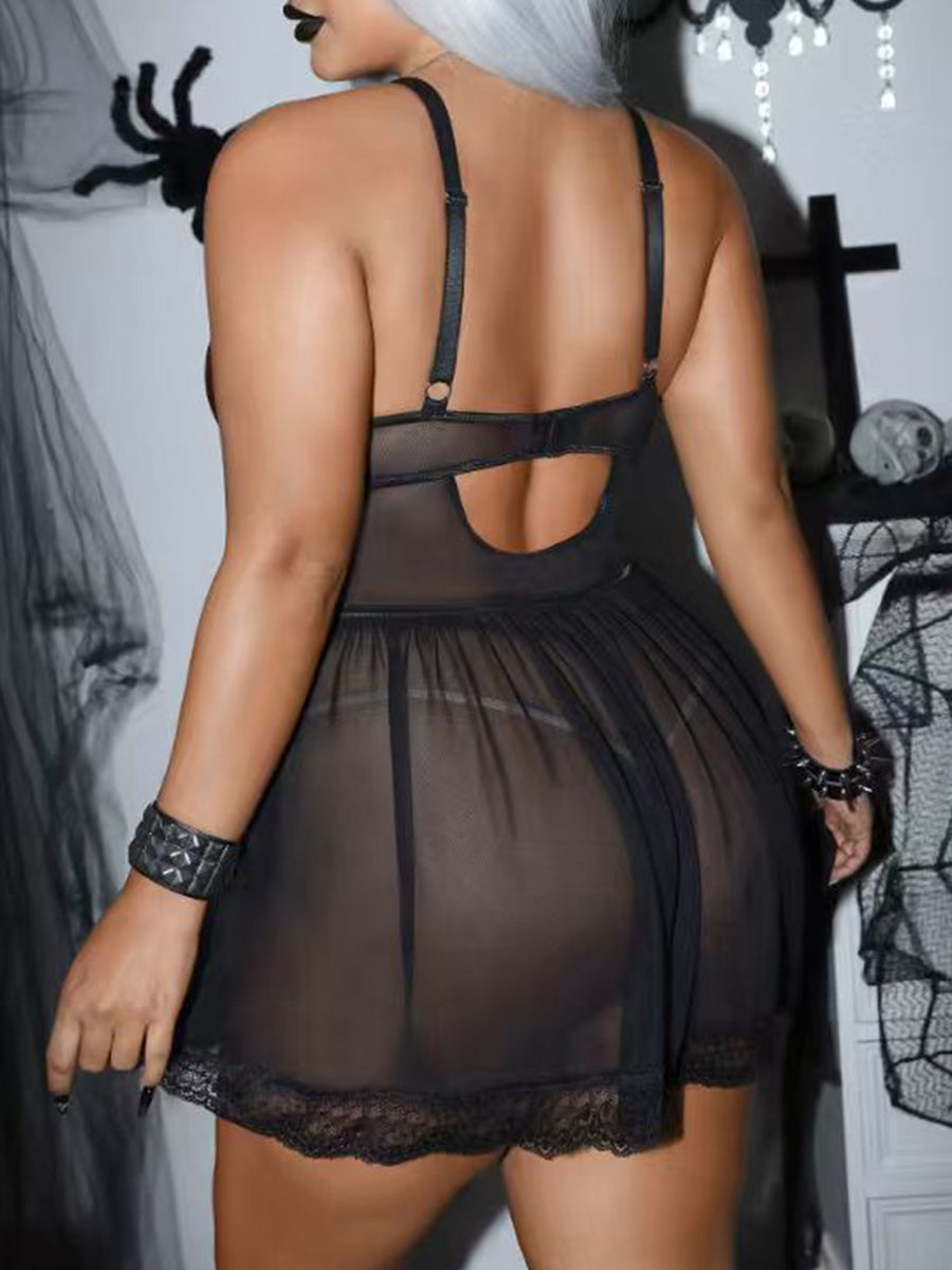 Plus size 2-piece gothic lingerie set featuring a contrast lace patchwork mesh babydoll nightgown with underwire, adjustable spaghetti straps, backless detail, and matching V-string thong.