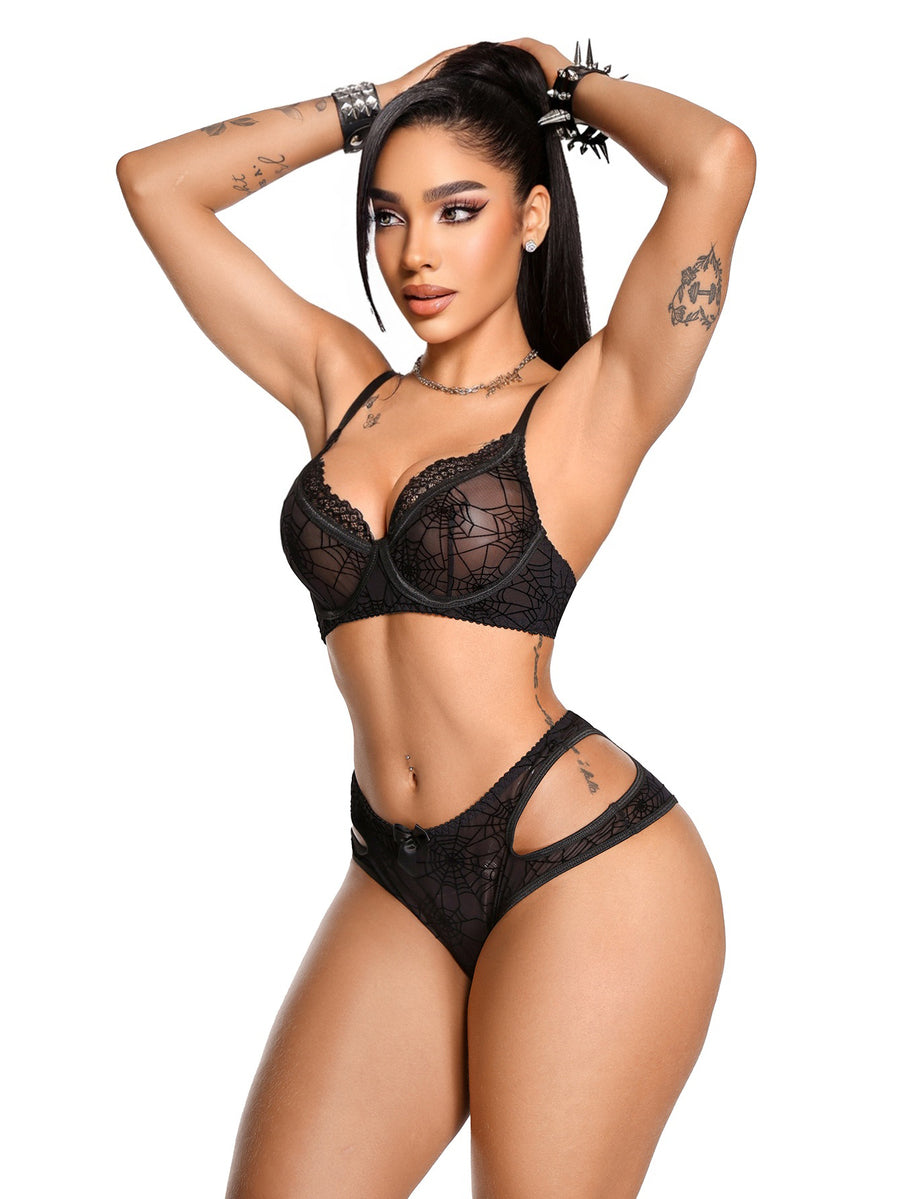 Women's 2-piece black spider web flocked patchwork lingerie set featuring an underwire bra with lace trim and matching mid-rise briefs.