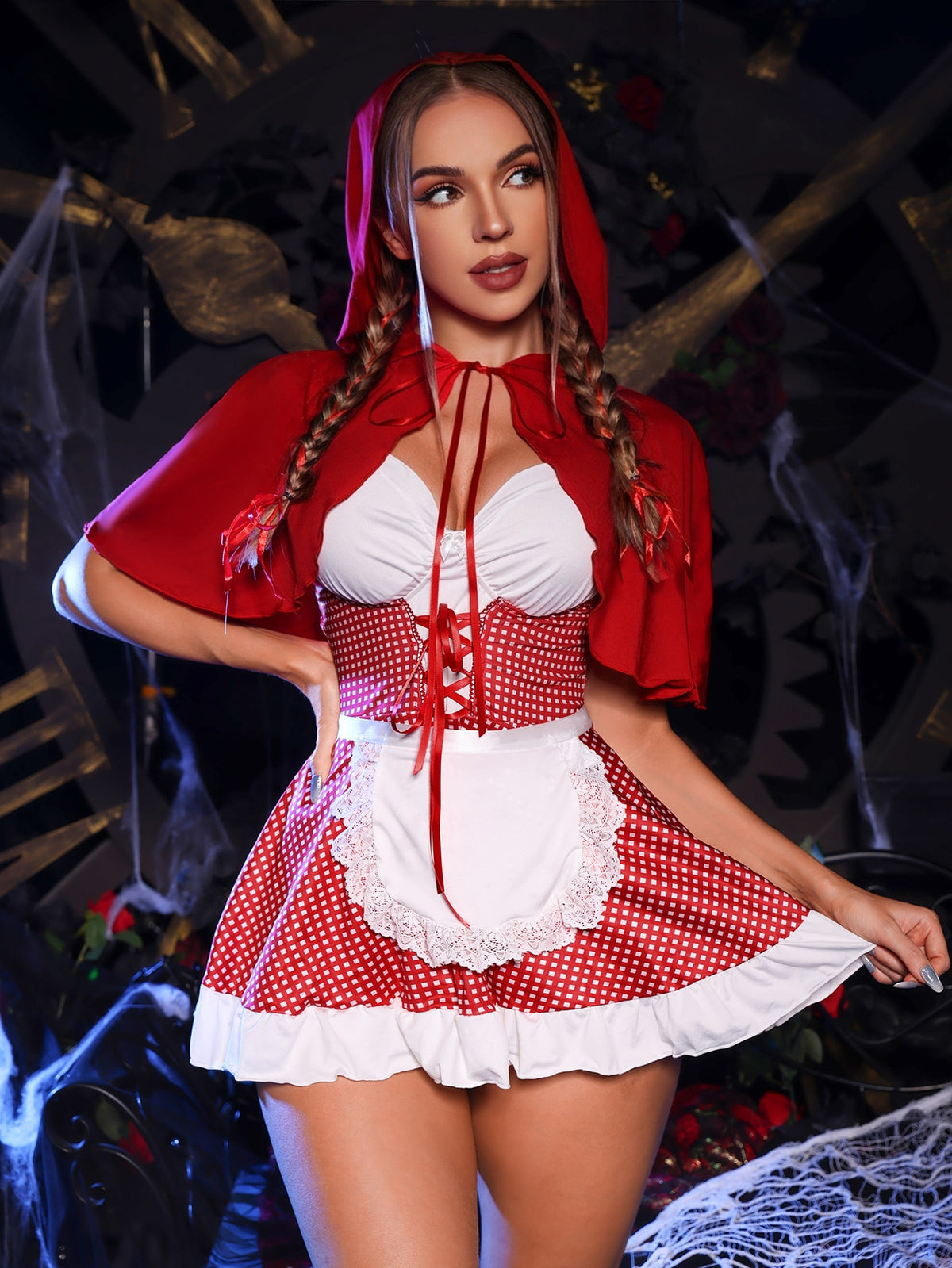 Red and white 4-piece Little Red Riding Hood cosplay camisole nightgown set for women featuring adjustable straps.